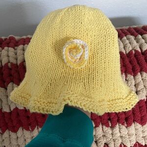 Yellow Knitted Kids Hat with Flower Accent